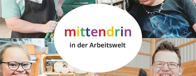 Titelseite des Infofolders mit vier Bildern von Menschen im Arbeitsleben.