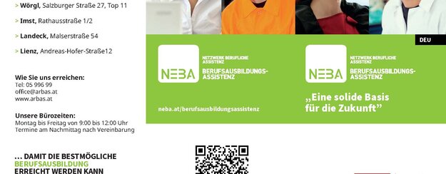 Titelseite vom Informationsfolder mit vier Fotos von Menschen und grünen Felden. NEBA Logo der Berufsausbildungsassistenz und Infotexte.