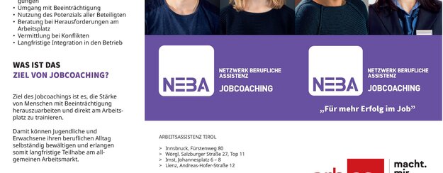 Bild von einem Infofolder. 4 Personen sind abgebildet und das NEBA logo in violett ist zu sehen. zudem das Logo des Sozialministeriumsservice, der arbas Tirol und die Kontaktdaten. Darüber hinaus noch Infotext über das Jobcoaching