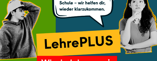 Foto von einem Flyer für LehrePlus - wir sind da, wenn's schwierig wird. im Hintergrund helles grün udn helles blau türkis, und 2 Jugendliche in schwarz weiss und Logos von NEBA, arbas und Sozialministeriumsservice