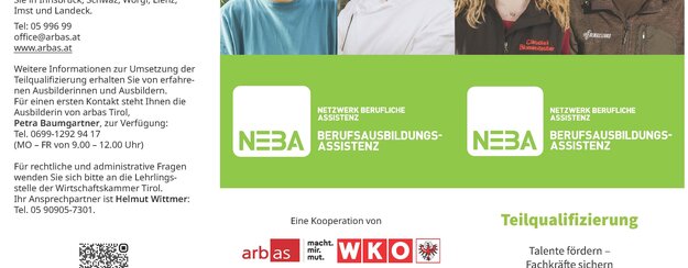 Bild von der Titelseite eines Infofolder zur Teilqualifizierung. Grüne Flächen mit dem Logo der Berufsausbildungsassistenz und 4 kleine Bilder von Menschen plus Infotext und Kontatkdaten sowie Logos der Wirtschaftskammer und der arbas Tirol