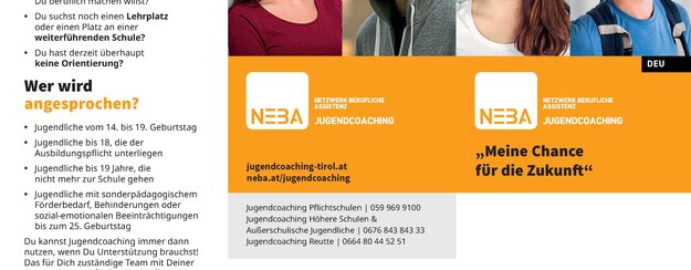 Bild von der Vorderseite des Informationsfolders zum Thema Jugendcoaching. Auf dem Bild sind 4 junge Menschen zu sehen und Infotext mit der Slogan "Meine Chance für die Zukunft"